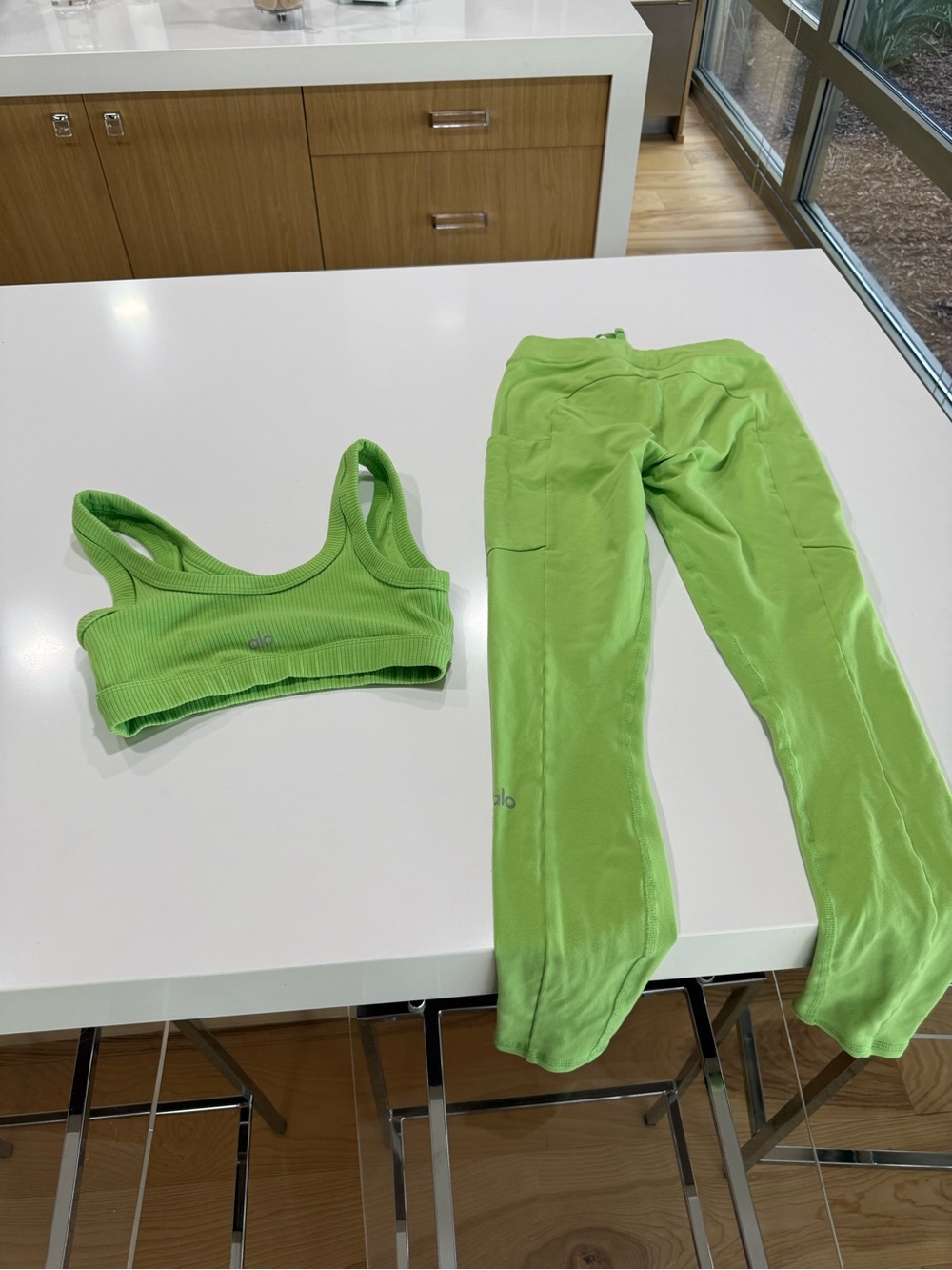 ALO Yoga Neon Green Ribbed Sports Bra and High-Rise Track Pants
